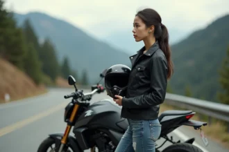 Jeune femme contemplant une moto sur route de montagne