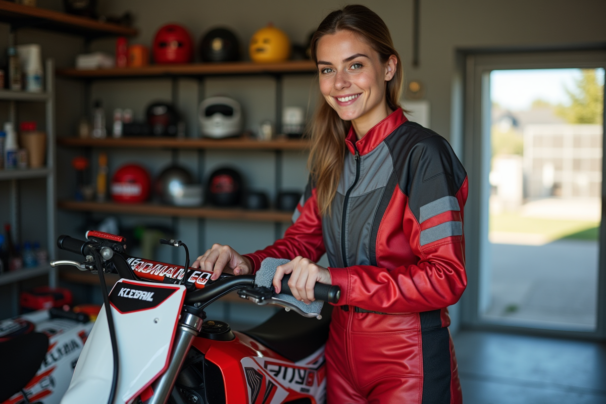Femme nettoyant son motocross dans un garage organisé
