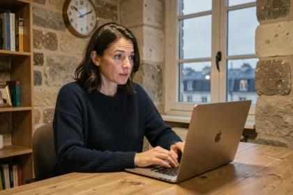 Femme française vérifiant l'heure de Sydney sur son ordinateur portable depuis un appartement parisien
