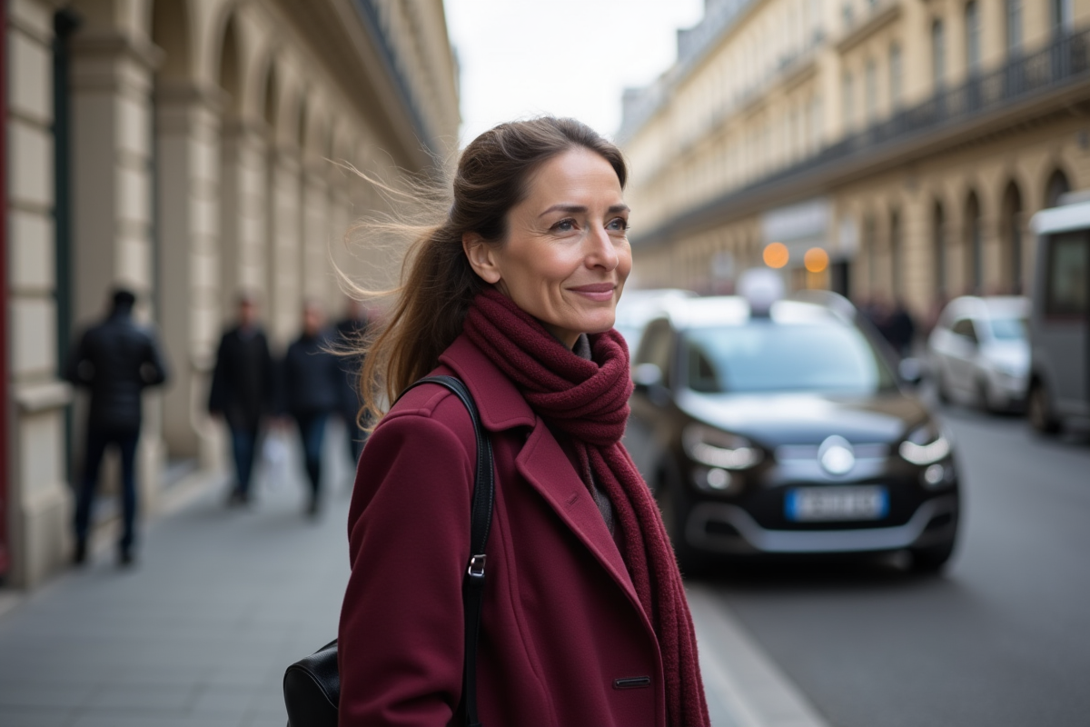 Femme en manteau burgundy ouvrant sa voiture CritAir 1 à Paris