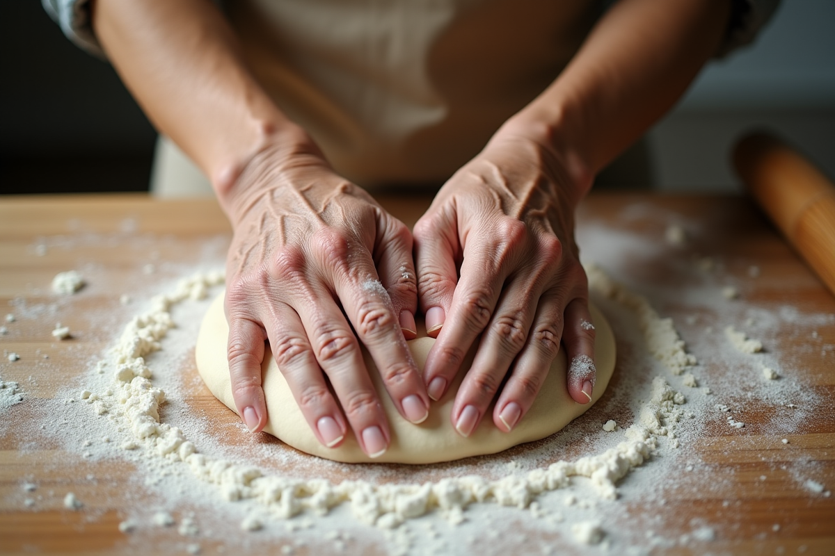 Femme âgée pétrissant la pâte dans la cuisine lumineuse
