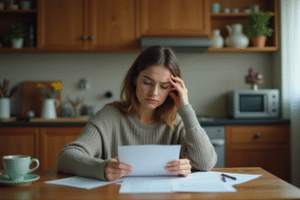 Femme pensive lisant une lettre dans sa cuisine
