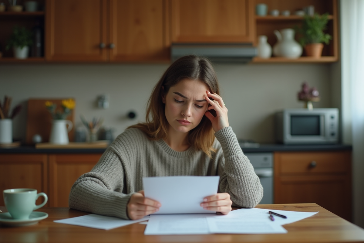 Femme pensive lisant une lettre dans sa cuisine