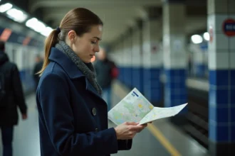 Femme consultant un plan RER papier sur un quai de métro parisien bondé