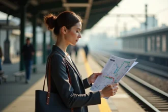 Femme consultant un plan des zones de transport en commun sur un quai de gare de banlieue