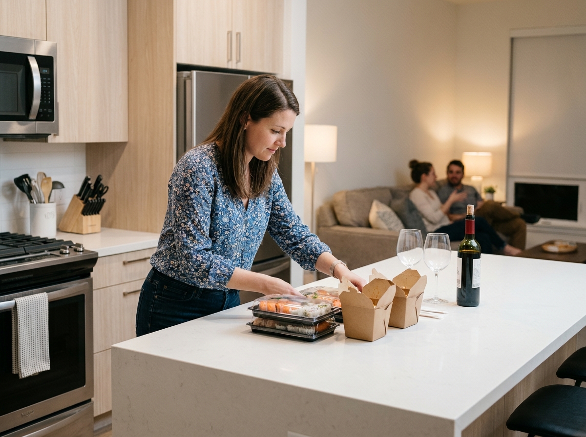 Jeune femme préparant des plats livrés pour une petite fête intime dans une cuisine moderne