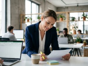 Femme professionnelle en portage salarial examinant un contrat dans un espace de coworking moderne