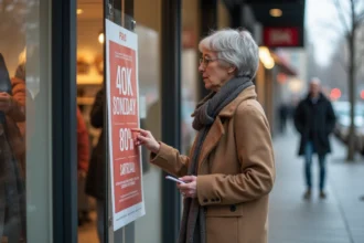 Femme regardant une affiche de soldes dominicales devant un magasin