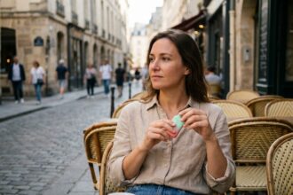 Femme trentenaire détendue en terrasse de café tenant une puff pastel, illustrant une transition douce vers l'arrêt du tabac