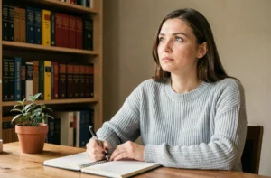 Femme réfléchissant à l'orthographe correcte entre 'tu serai' et 'tu seras' devant un carnet ouvert dans un bureau cosy
