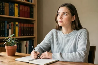Femme réfléchissant à l'orthographe correcte entre 'tu serai' et 'tu seras' devant un carnet ouvert dans un bureau cosy