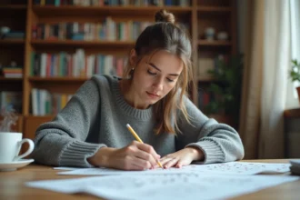 Femme concentrée résolvant une grille sudoku avec un crayon sur un bureau en bois, entourée de feuilles de puzzles