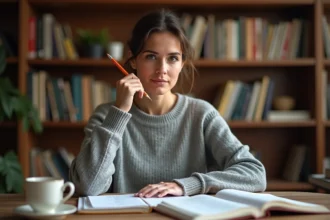 Femme concentrée qui révise les règles du futur et du conditionnel en français dans un bureau cosy rempli de livres de grammaire