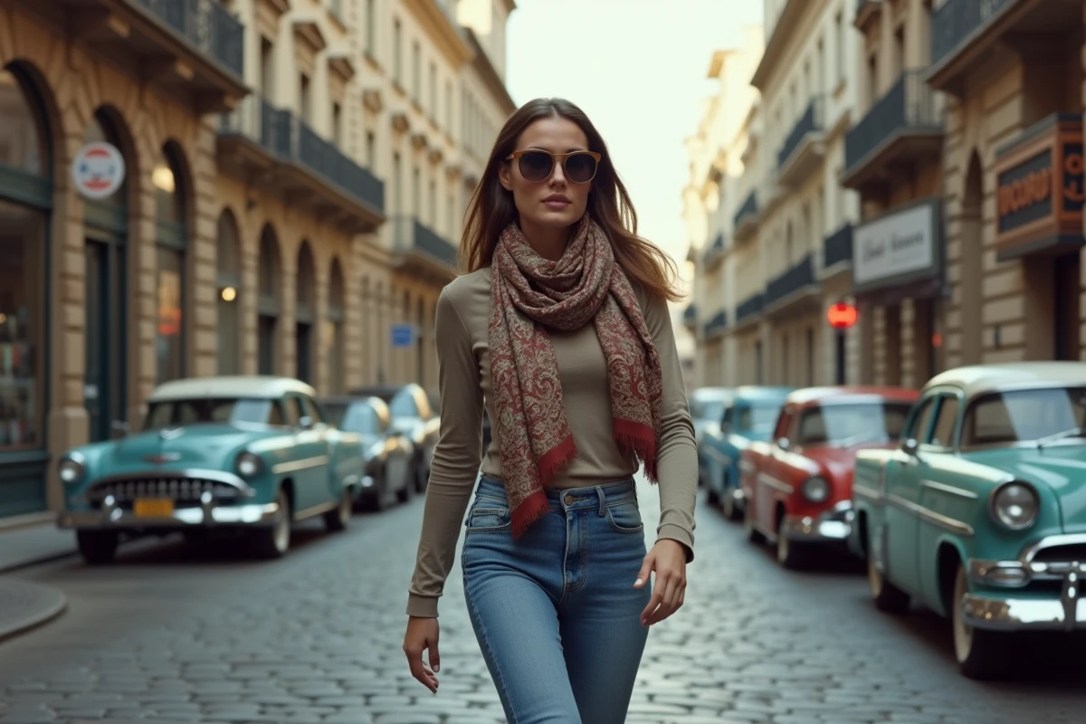 Femme en jeans et foulard dans une rue rétro urbaine