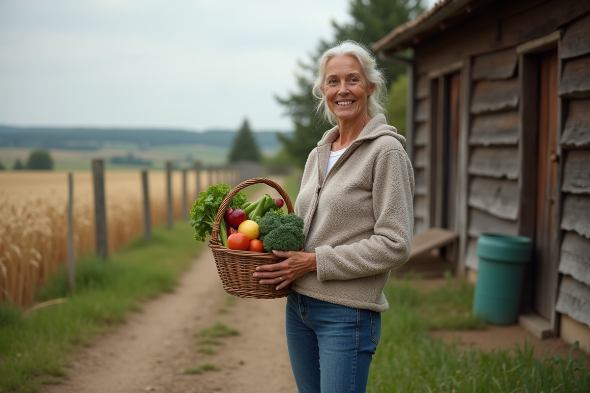 Femme rurale avec panier de légumes dans la campagne