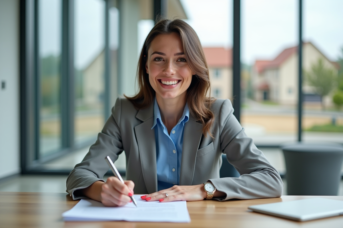 Jeune femme signe des documents dans un bureau notarial moderne