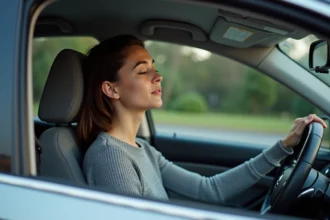 Femme songeuse assise dans une voiture, les yeux fermés, évoquant un rêve d'accident de voiture