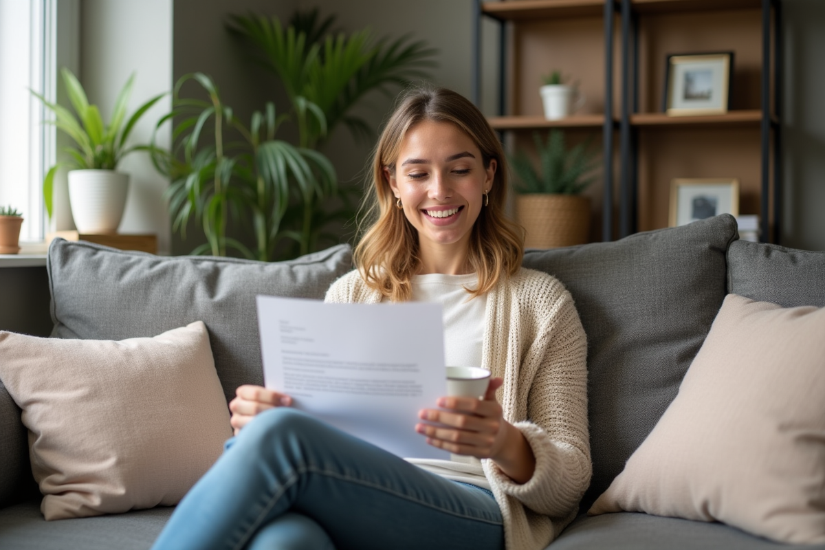 Jeune femme souriante tenant une lettre dans le salon