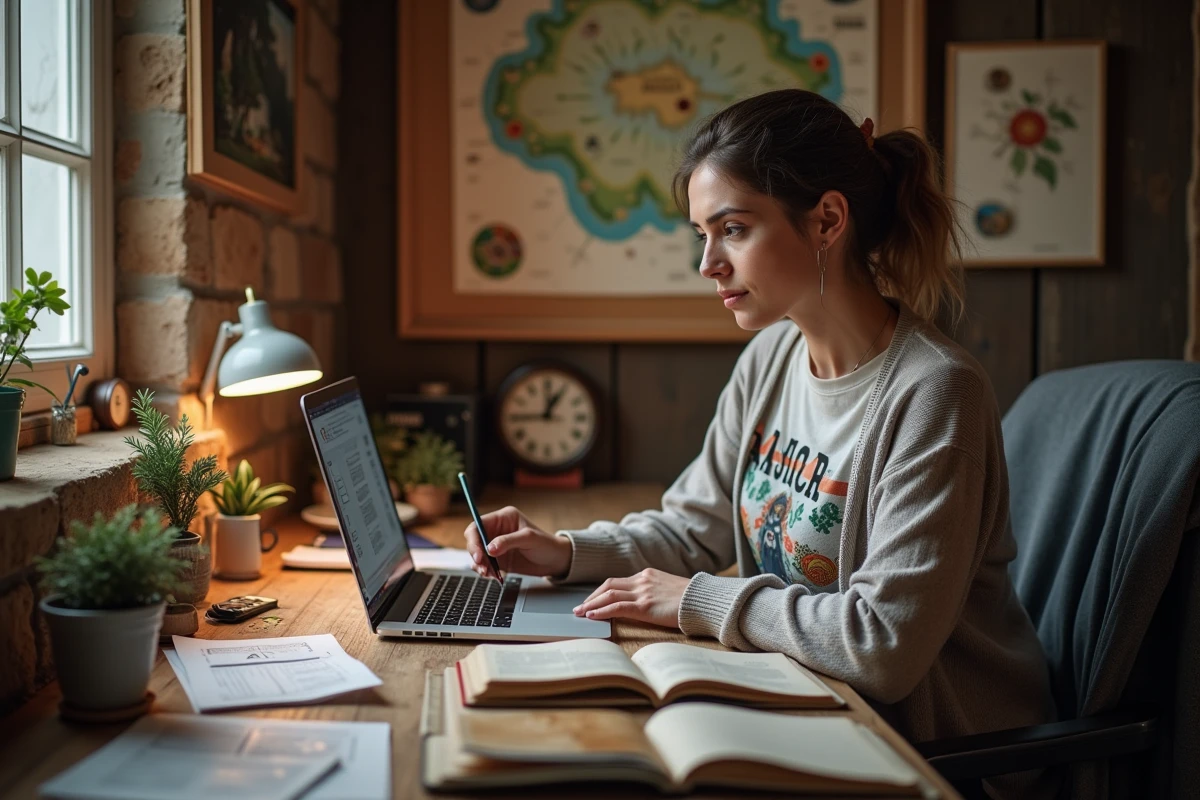 Femme planifiant stratégie de jeux sur un bureau rustique