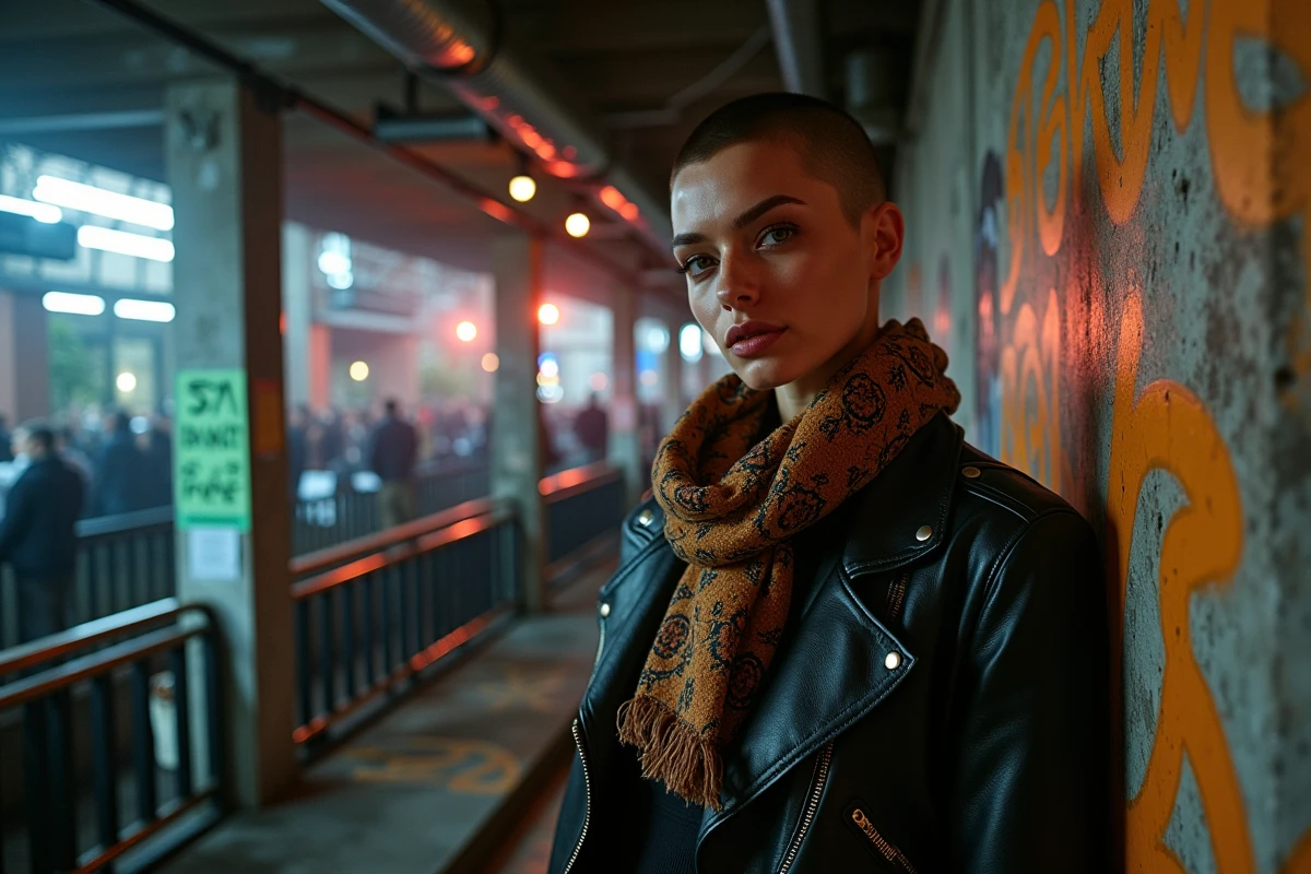 Femme stylée posant dans un club techno underground parisien