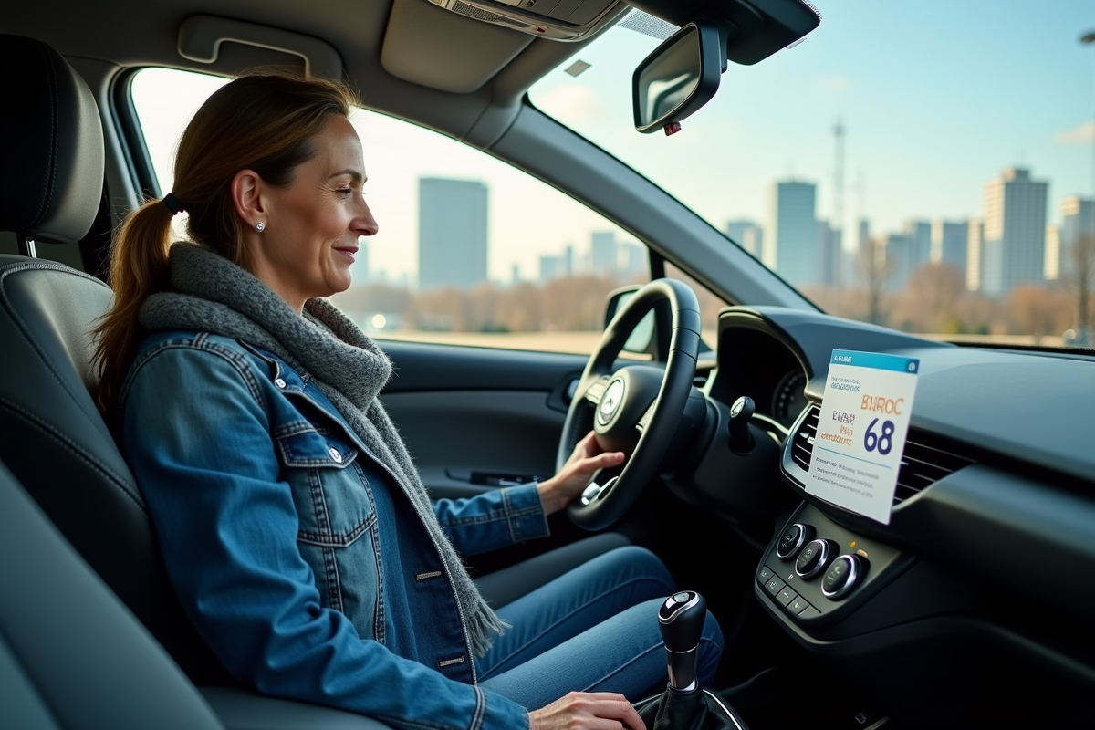 Femme vérifiant étiquette emissions dans voiture hybride