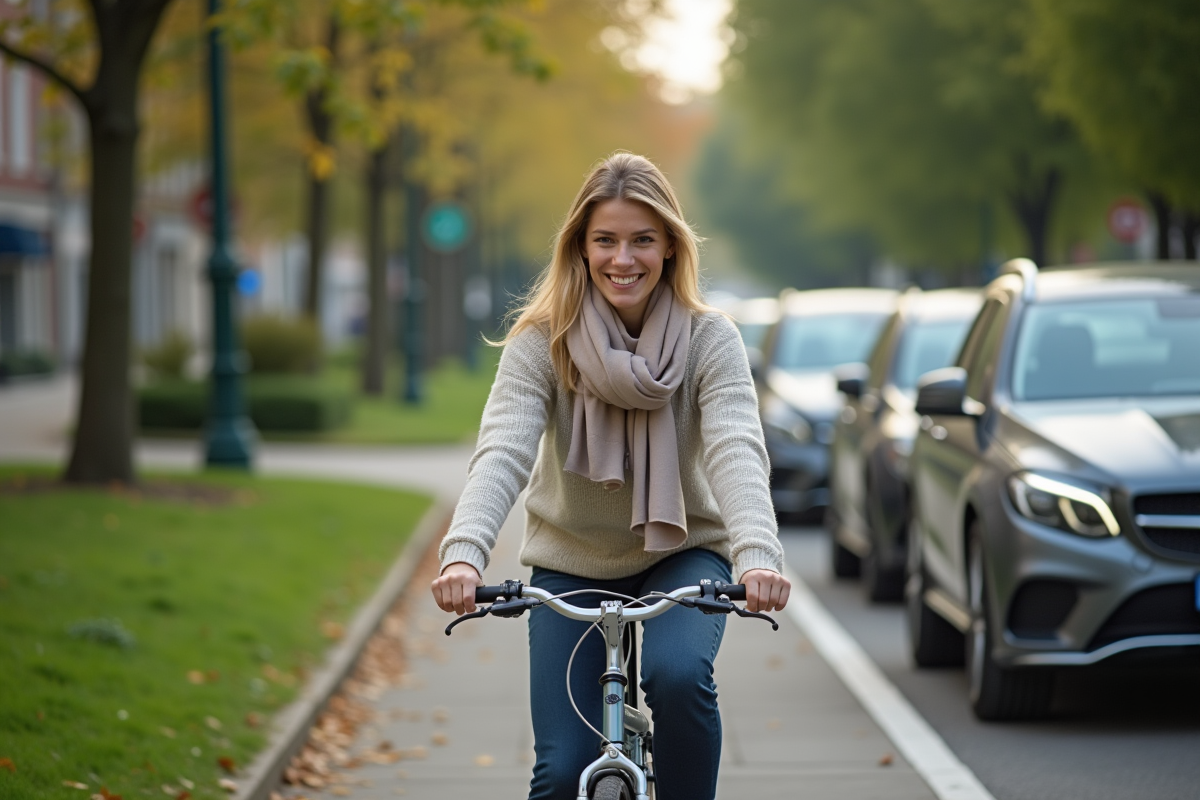 Jeune femme en velo dans un parc urbain