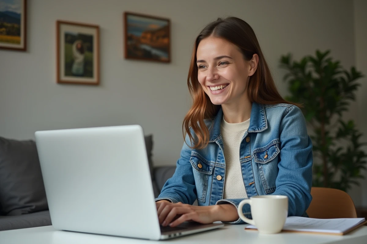 Jeune femme en vidéoconférence dans un bureau cosy