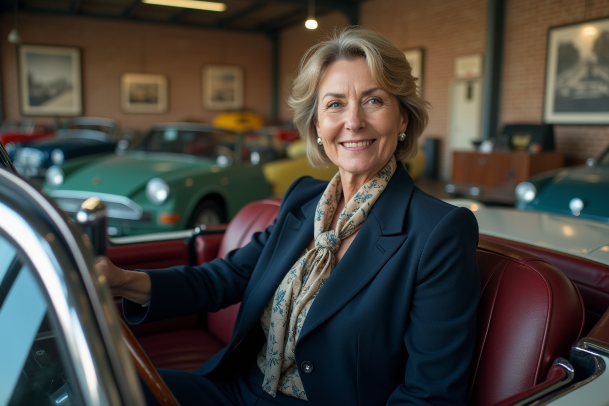 Femme souriante dans une voiture de collection intérieure