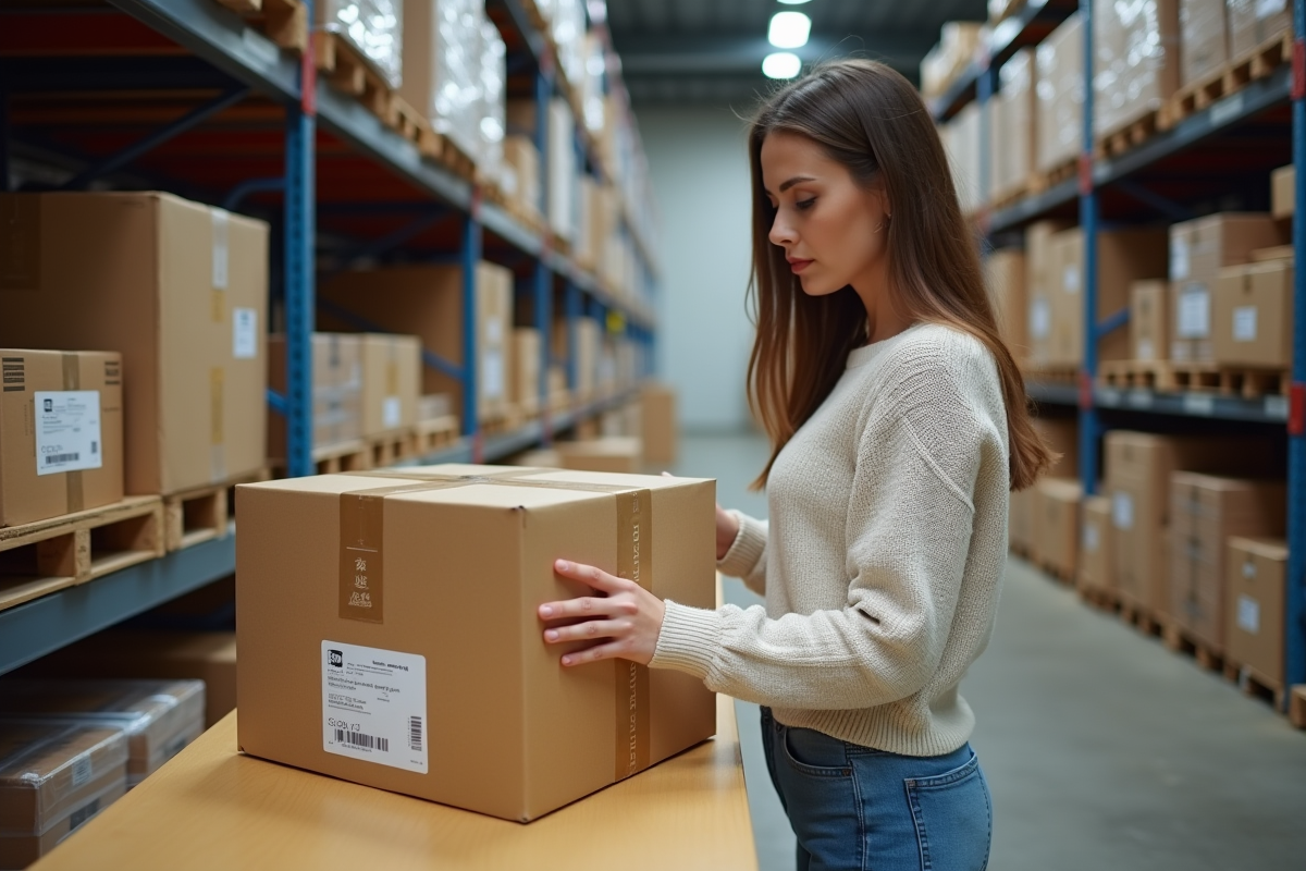 Femme examinant un colis dans un entrepôt organisé