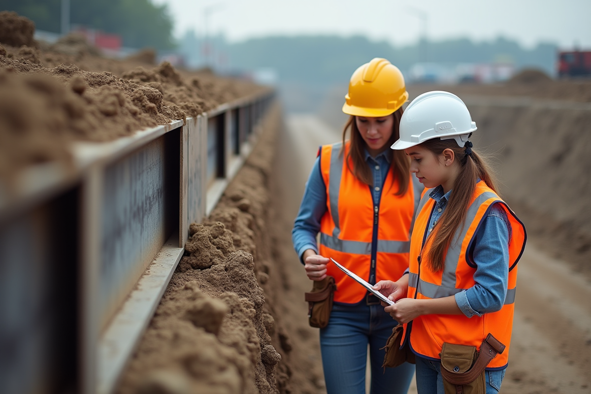 Jeunes femmes inspectant des poutres en acier pour mur Berlintype