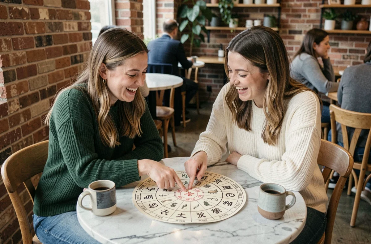 Deux femmes comparant leur compatibilité selon les signes du zodiaque chinois autour d'un tableau astrologique dans un café