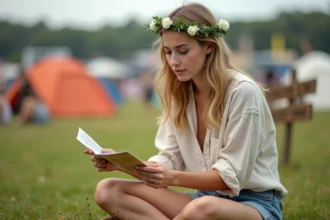 Festivalière consultant le programme des Vieilles Charrues assise dans l'herbe avec des tentes colorées en arrière-plan