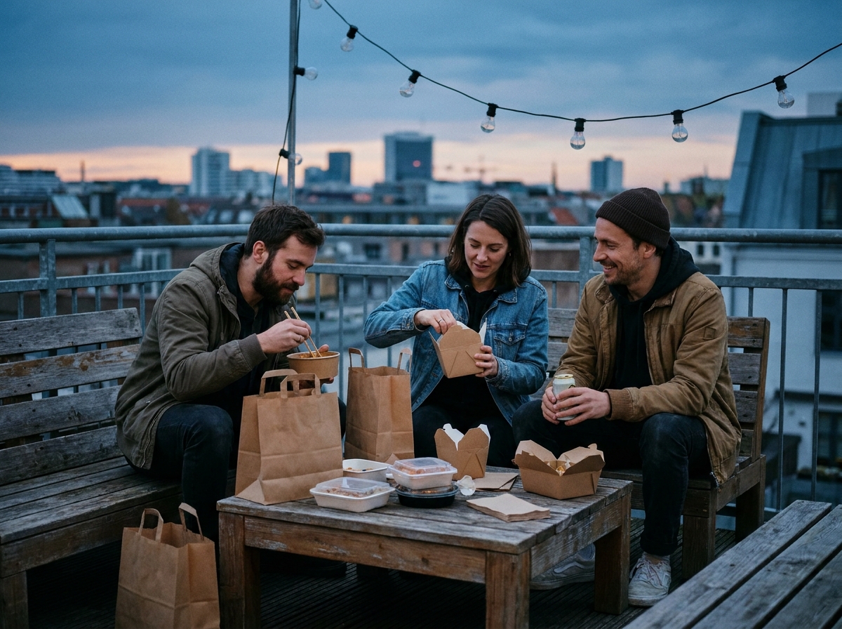 Petite fête sur un toit terrasse en ville avec des repas commandés et livrés entre amis