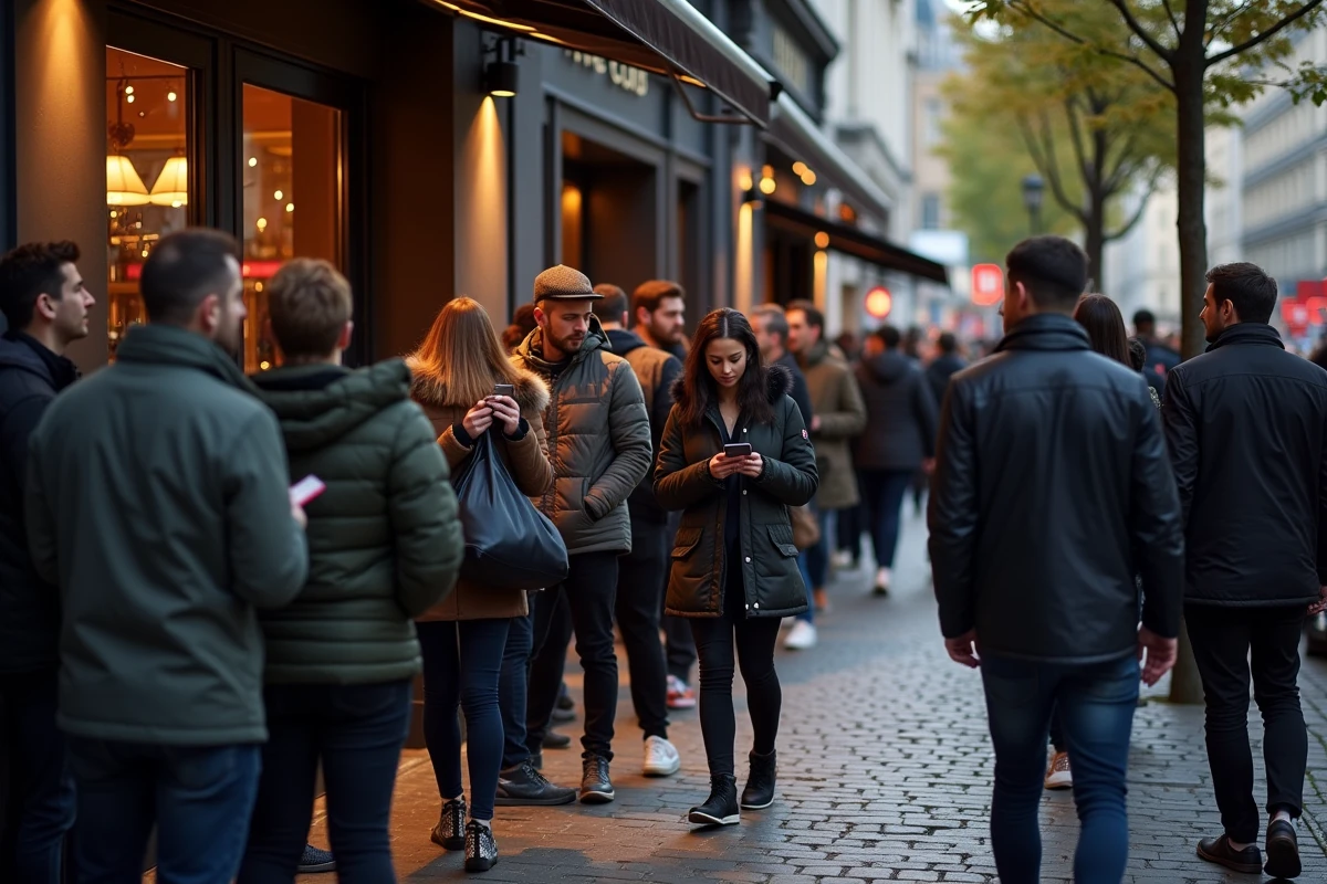 File d'attente de personnes devant un club nocturne à Lille sur pavés typiques du nord de la France en soirée