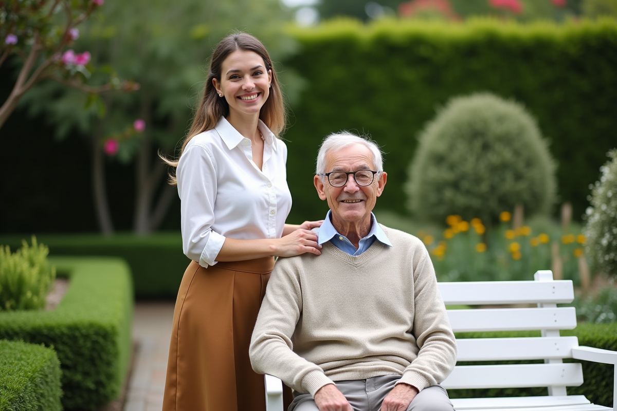 Jeune femme souriante avec son père dans le jardin