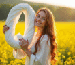 Jeune femme joyeuse dans un champ de fleurs avec lettre Q