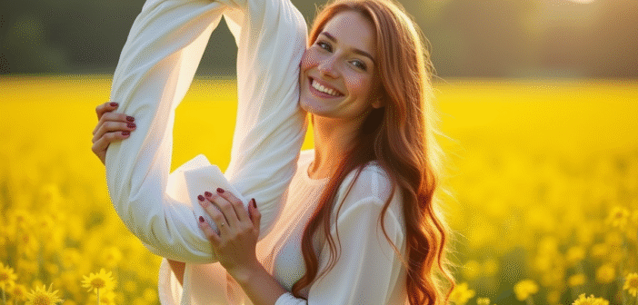 Jeune femme joyeuse dans un champ de fleurs avec lettre Q