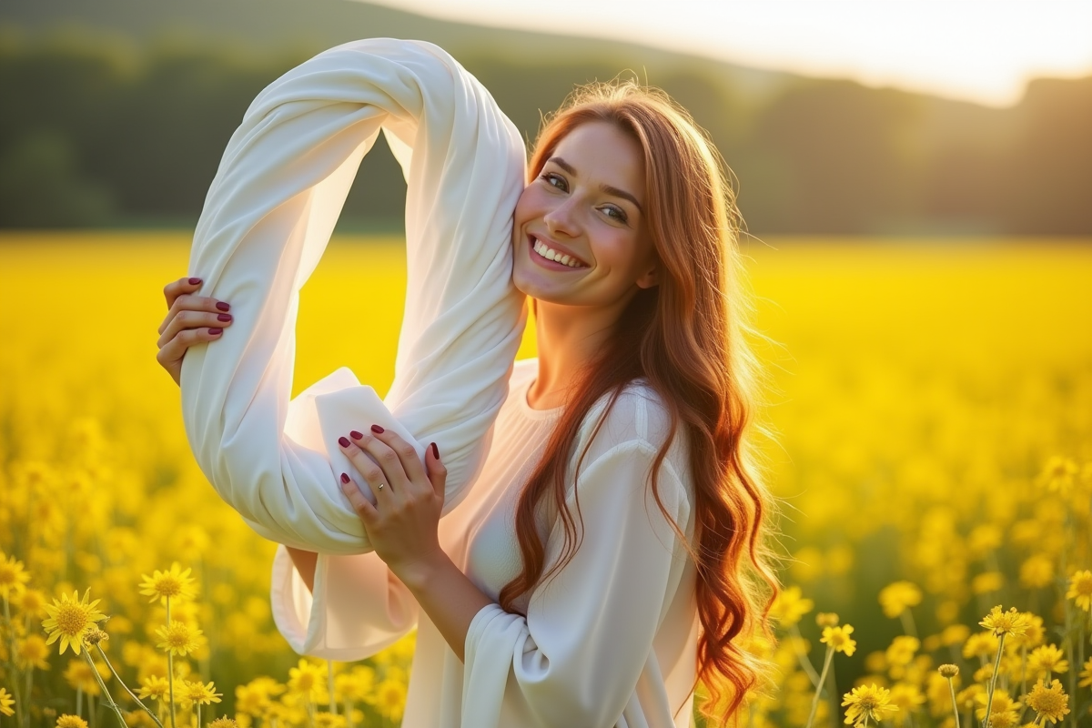 Jeune femme joyeuse dans un champ de fleurs avec lettre Q