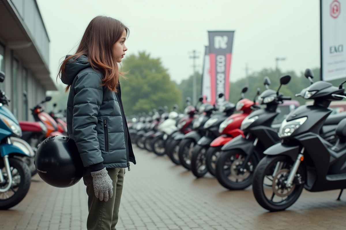 Fille regardant une rangée de motos 125cc dans un concessionnaire