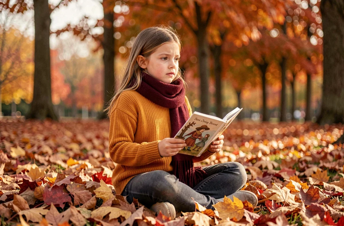 Fillette lisant un livre de légendes sur le cavalier sans tête dans un parc en automne, l'air curieux et serein