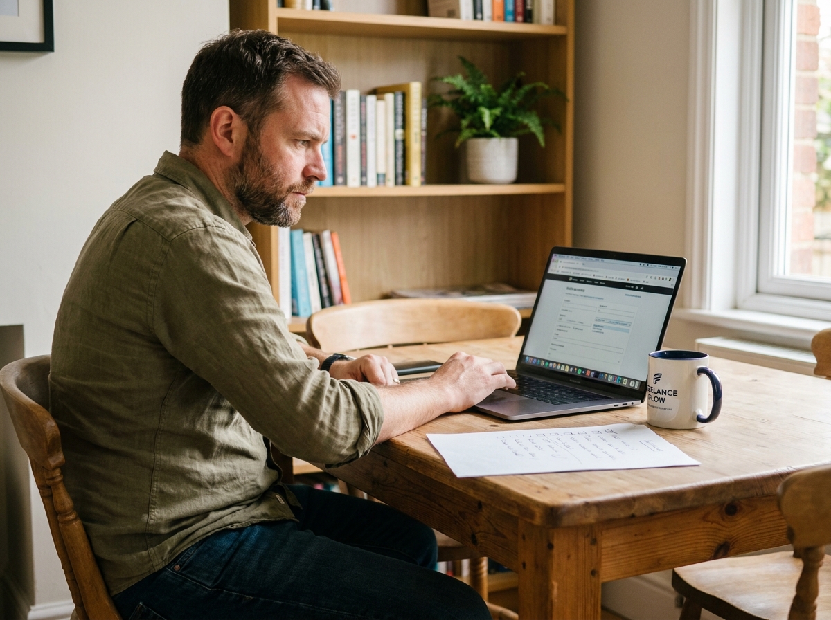 Freelance travaillant depuis chez lui sur son statut de portage salarial avec un ordinateur portable