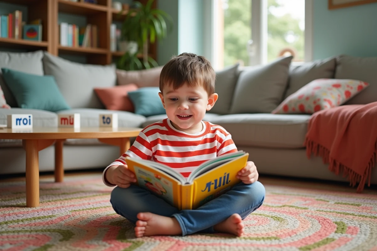 Garçon lisant un livre illustré avec des mots en rime oi à la maison, apprentissage ludique du vocabulaire français