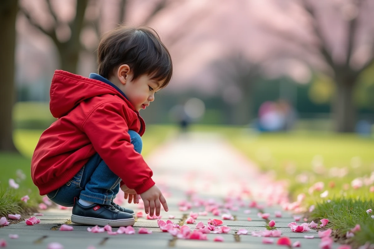 Garcon examine des pétales de cerisier par terre