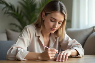 French manucure élégante avec vernis naturel et pointes blanches