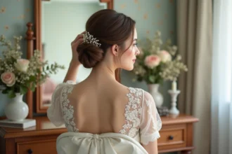 Chignon élégant pour mariée avec fleurs et accessoires raffinés