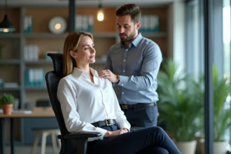 Ostéopathe aidant un salarié dans un bureau pour améliorer son bien-être