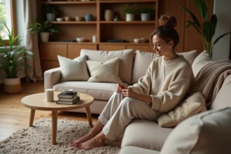 salon cosy avec canapé confortable et décoration scandinave chaleureuse