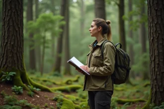 Géographe en forêt tempérée prenant des notes sur les ressources naturelles forestières