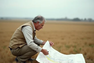 Géomètre analysant une carte topographique sur un terrain agricole de 10 000 hectares en France
