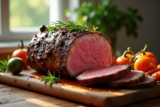 Gigot de boeuf de 900g reposant sur une planche en bois avec légumes et herbes